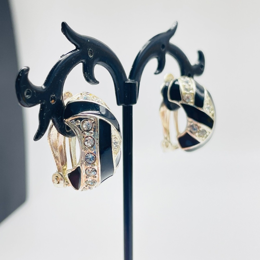 Vintage Rhinestone Clip On Earrings Black Enamel Silver Tone Statement Retro - Picture 9 of 11